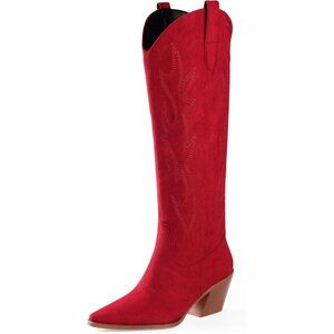 Women Red Knee High Pointed Toe Block Heel Cowboy Western Embroidered Boots